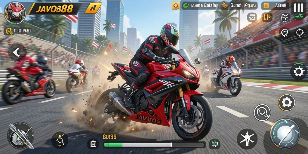Screenshot utama menampilkan balapan motor dengan trek menantang.