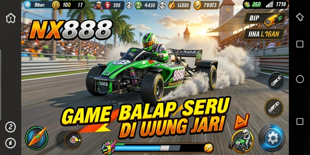 Tampilan gameplay utama NX888 yang menampilkan aksi balap yang mendebarkan.