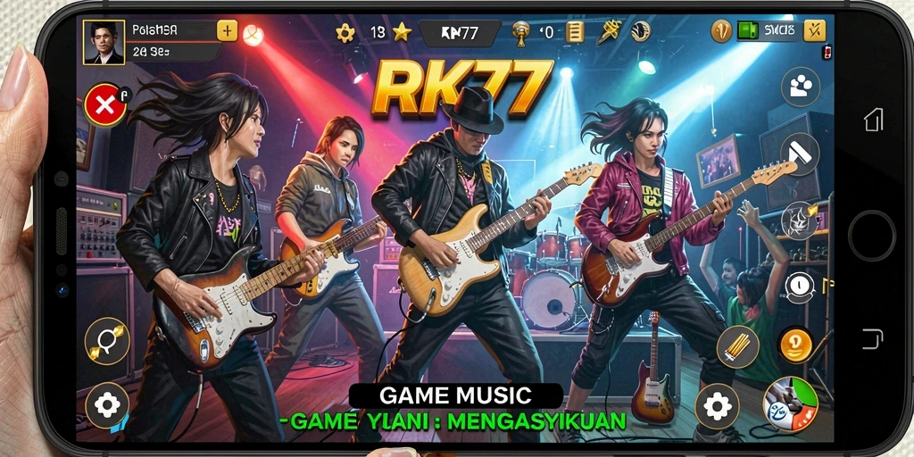 Tampilan gameplay RK77 yang seru dengan berbagai jenis musik.