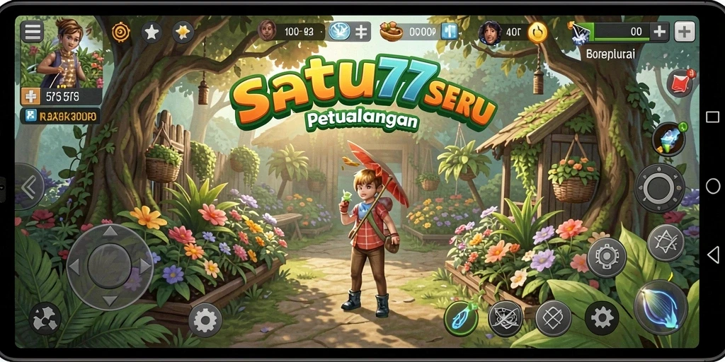 Screenshot utama SATU77 menunjukkan suasana berkebun yang menyenangkan dan interaktif.