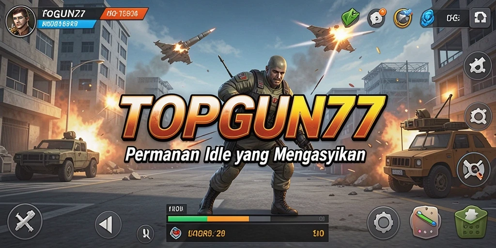 Screenshot gameplay TOPGUN77 menampilkan pesawat tempur dalam aksi.